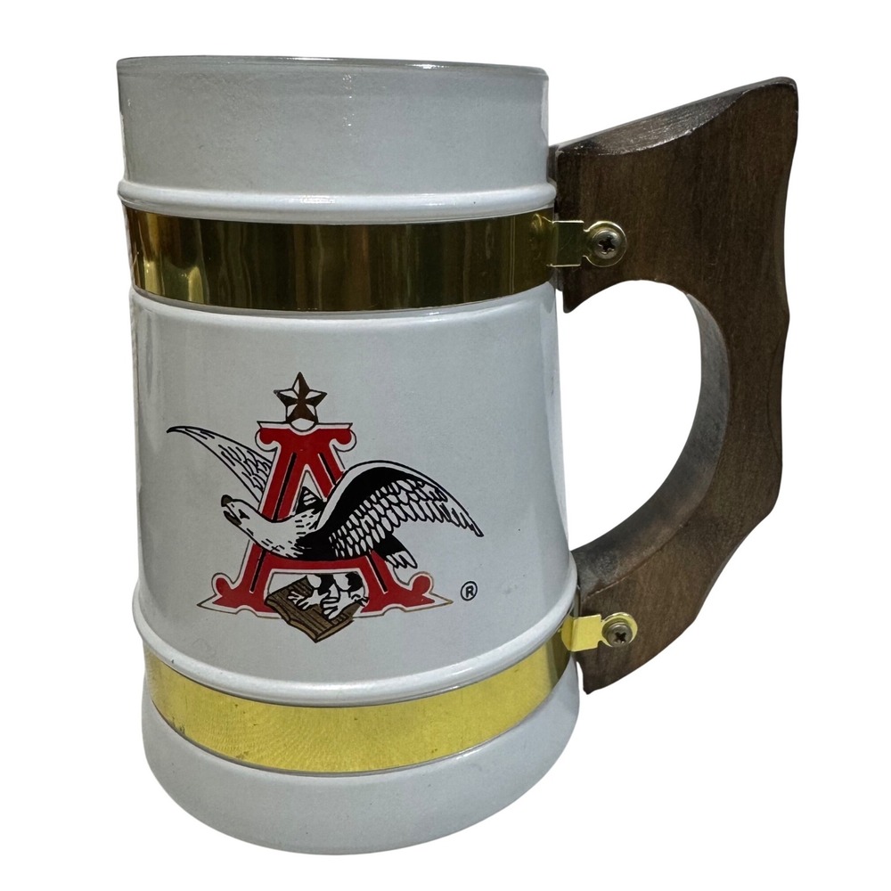 Siesta Ware Anheuser‎ Busch Beer Stein Mug White Frosted Wood Handle Vintage MCM